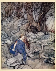 En el barranco bifurcado en el que se deslizó al anochecer, fue rodeado por sapos gigantes, ilustración de 